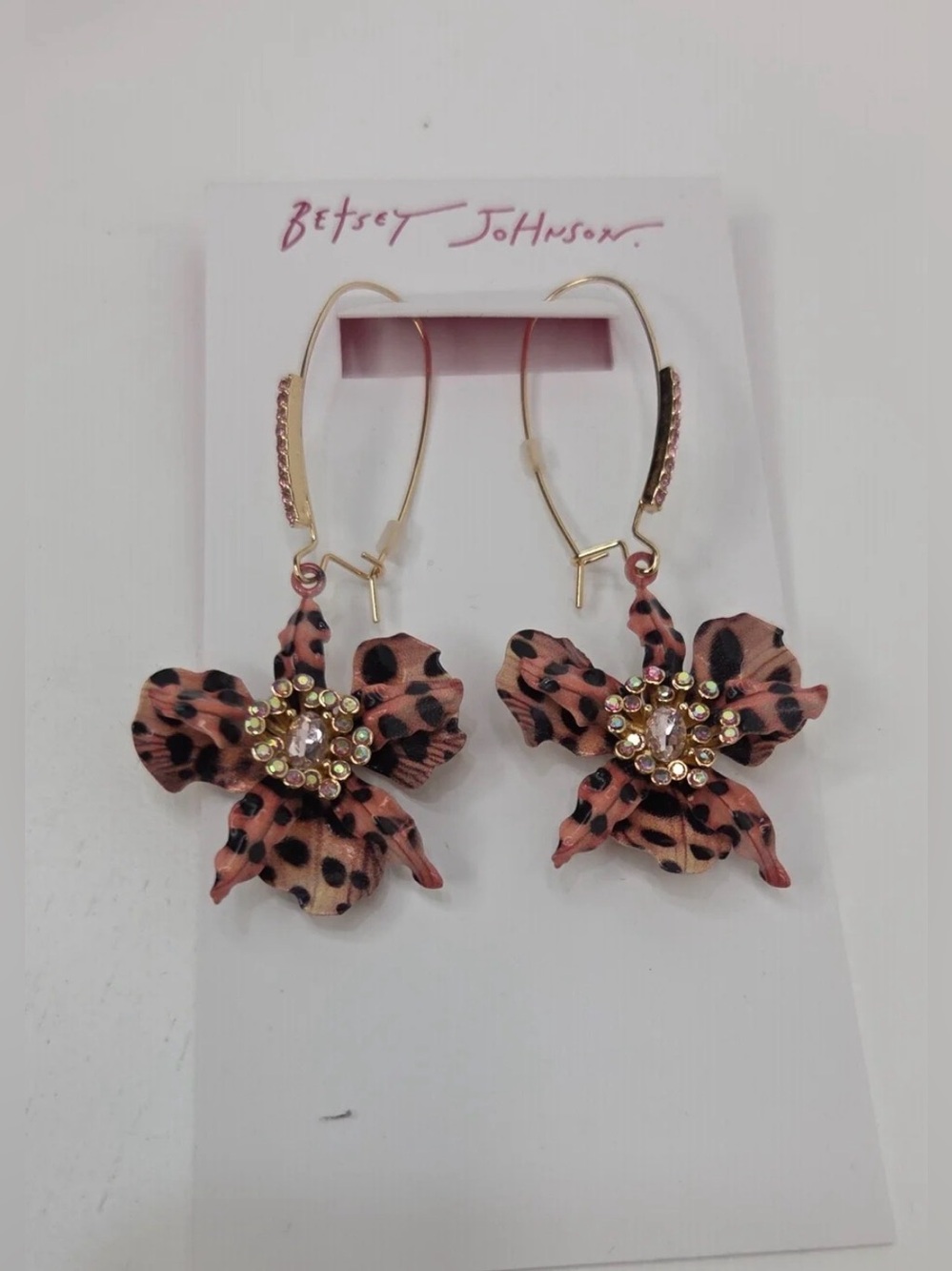 Betsey Johnson Pink Leopard Flower Drop Earrings with Gold Accents